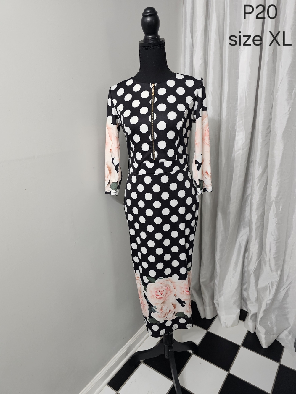Black & White Polka Dot Midi Dress with Pink Floral Accents
